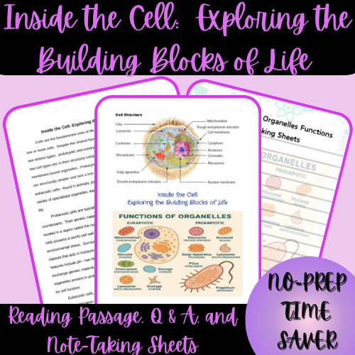 High School Cell Structure & Organelles Functions Reading Passage, Q & A, & Note-Taking Sheets