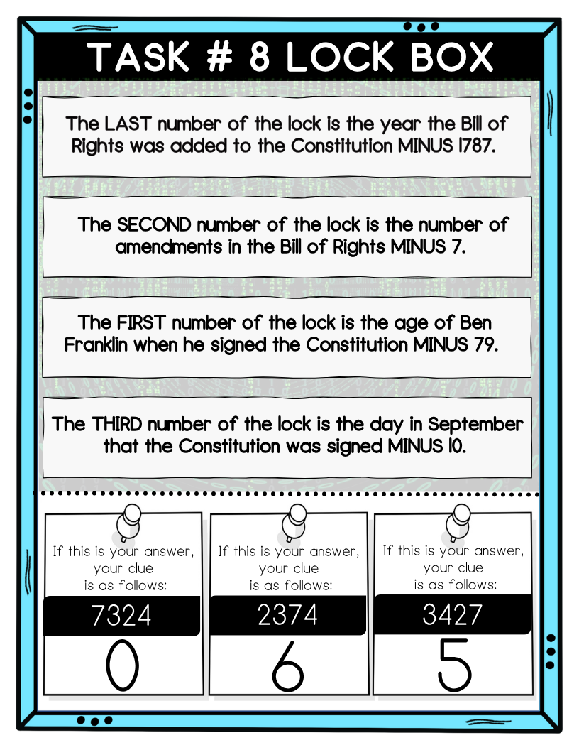 Constitution Escape Room, 9 Puzzles, 6th-9th Grades