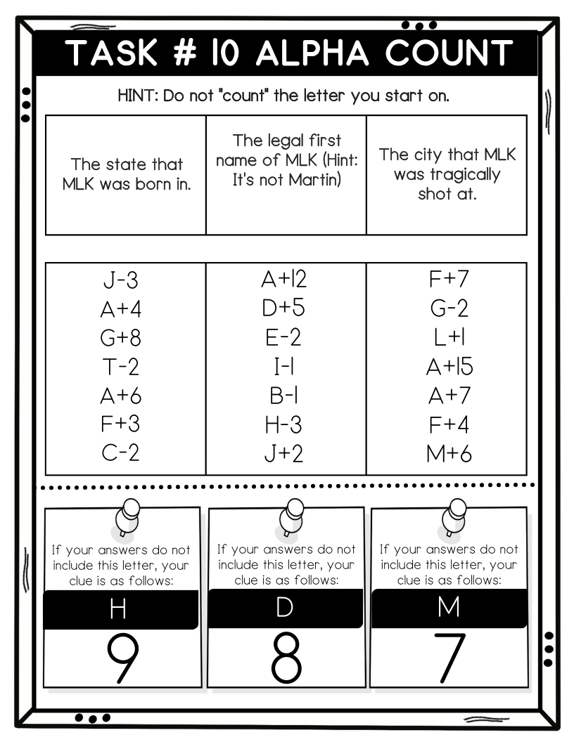 MLK Escape Room, 12 Puzzles, MLK Day