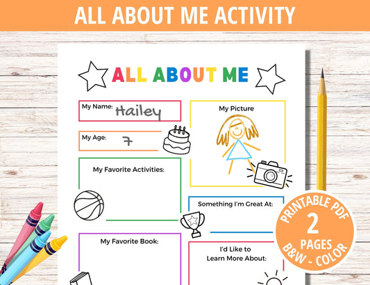 All About Me Activity - Full Color and Black & White