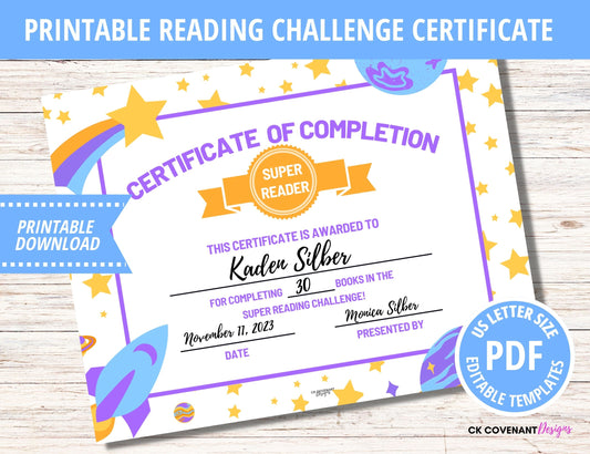 Reading Printable Certificate of Completion- Space