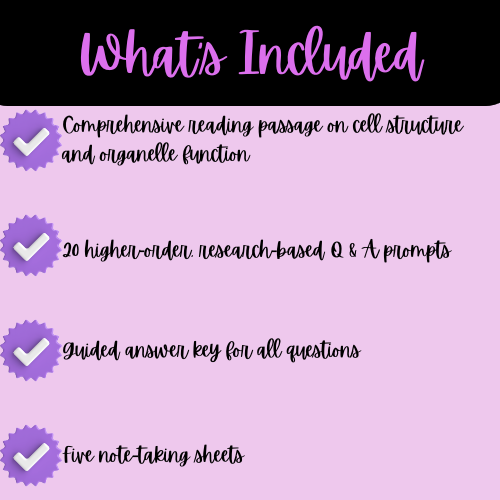 High School Cell Structure & Organelles Functions Reading Passage, Q & A, & Note-Taking Sheets