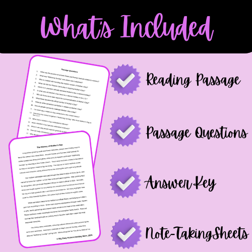 The History of Mother's Day Reading Passage, Q & A, and Note-Taking Sheets