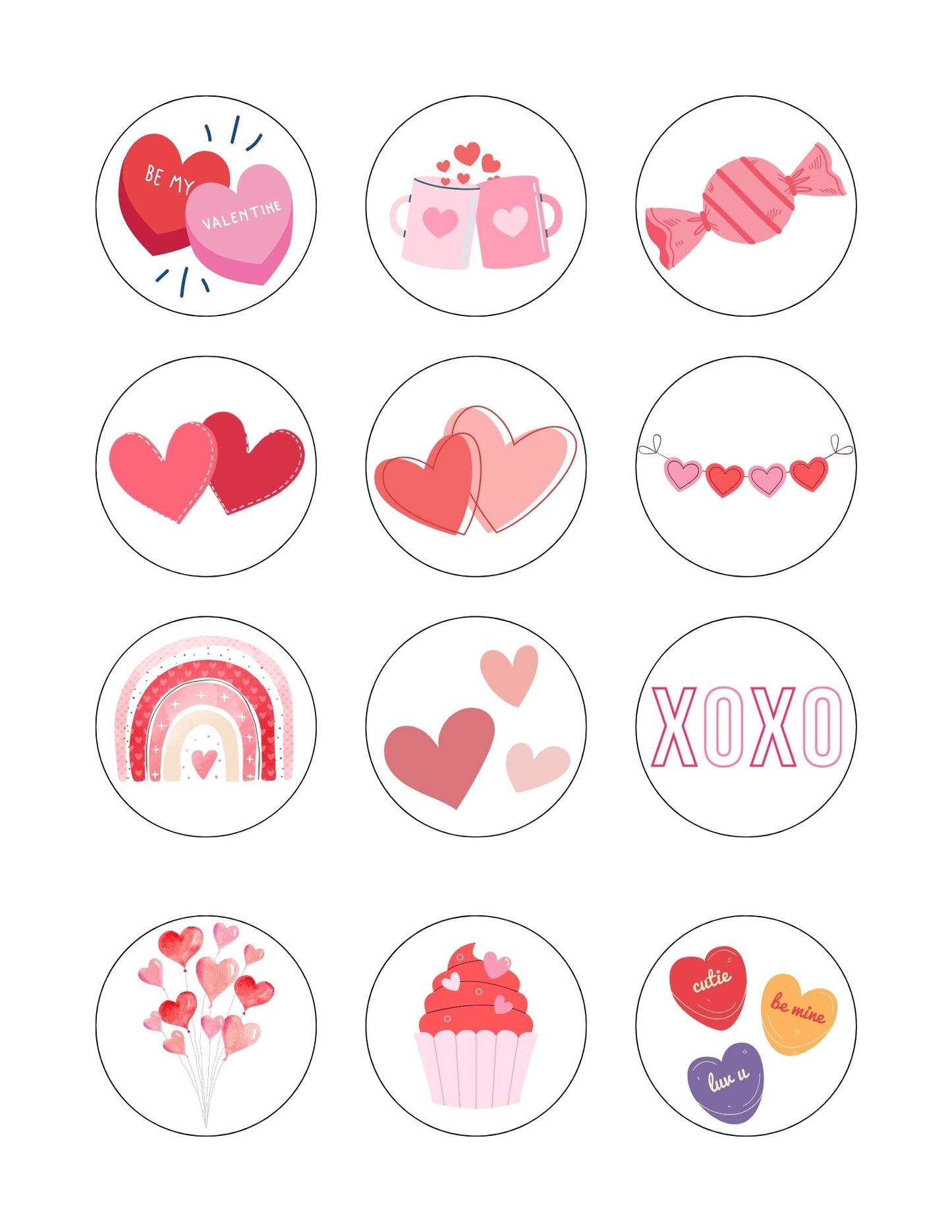 Valentine's Day Stickers Digital Download: 2" Diameter