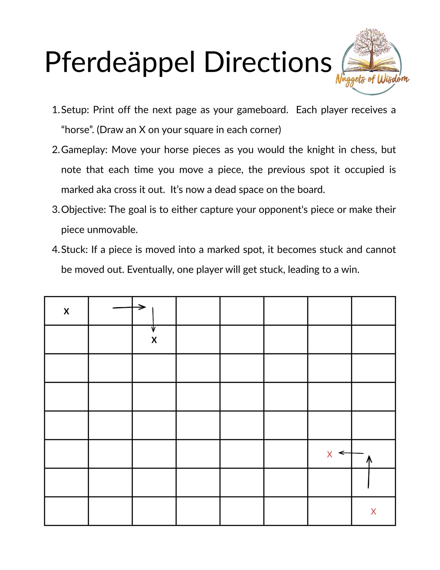 Pferdeäppel Game- Horse Trails Strategy Game (Knight Move Challenge Printable)