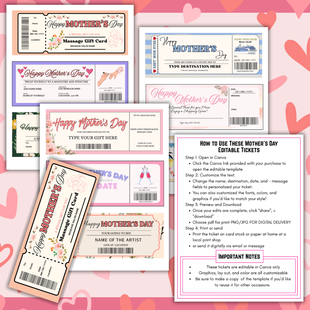 Editable Mother’s Day Gift Tickets | Printable Coupon Vouchers for Mom