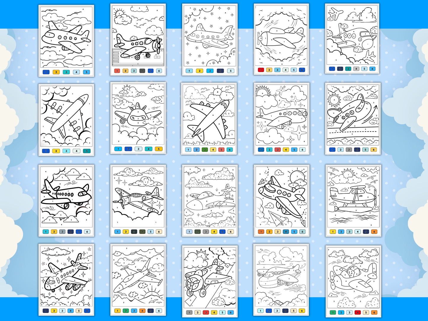 Planes Color by Number Worksheets Printable