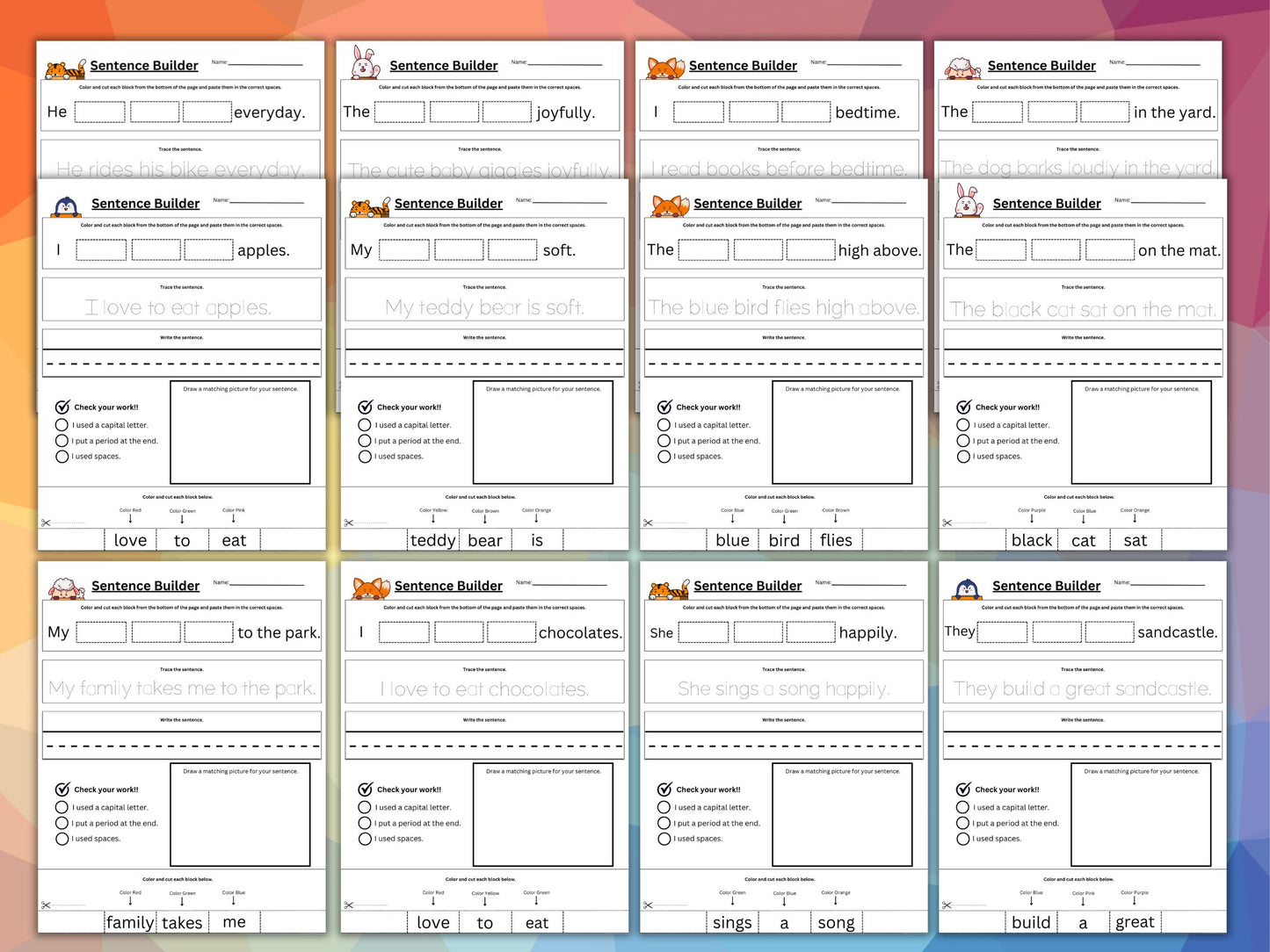 Sentence Builder ELA Worksheets: 20 Worksheets!