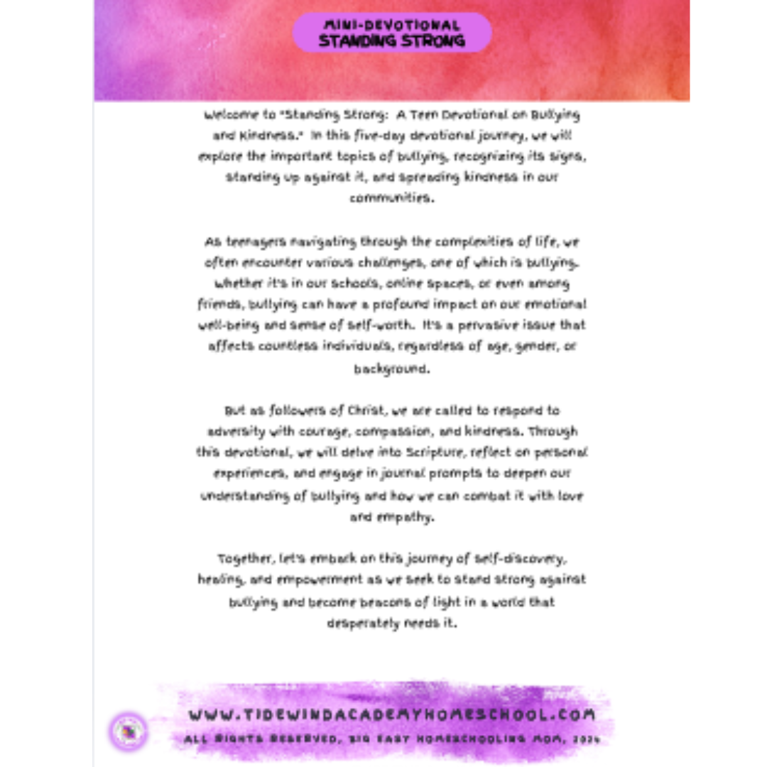 Standing Strong: 5-Day Mini-Devotional for Teens on Bullying and Kindness