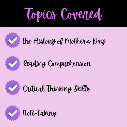 The History of Mother's Day Reading Passage, Q & A, and Note-Taking Sheets