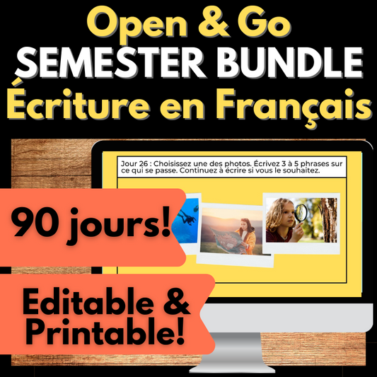 French Writing Prompt Journal, Écriture en Français de 90 jours #1 Editable