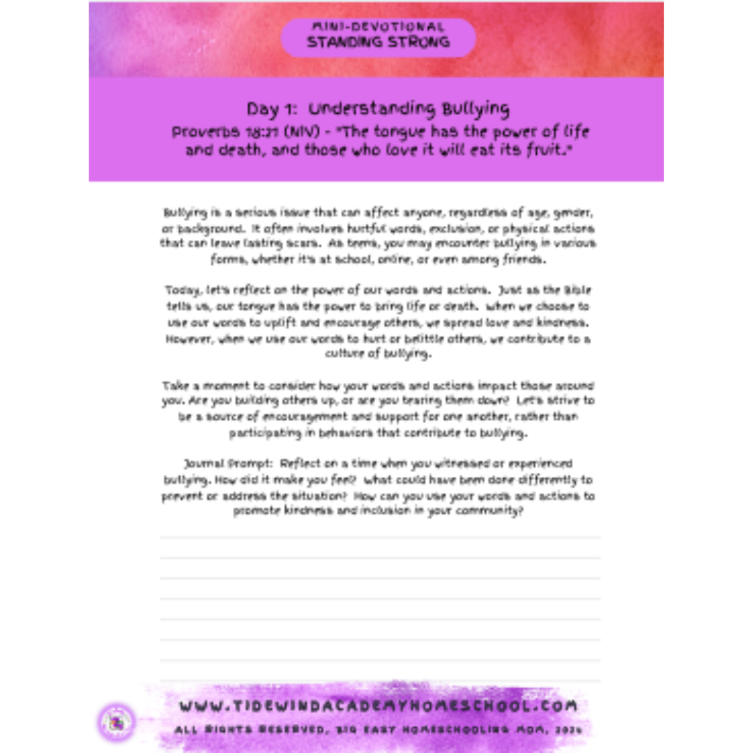 Standing Strong: 5-Day Mini-Devotional for Teens on Bullying and Kindness