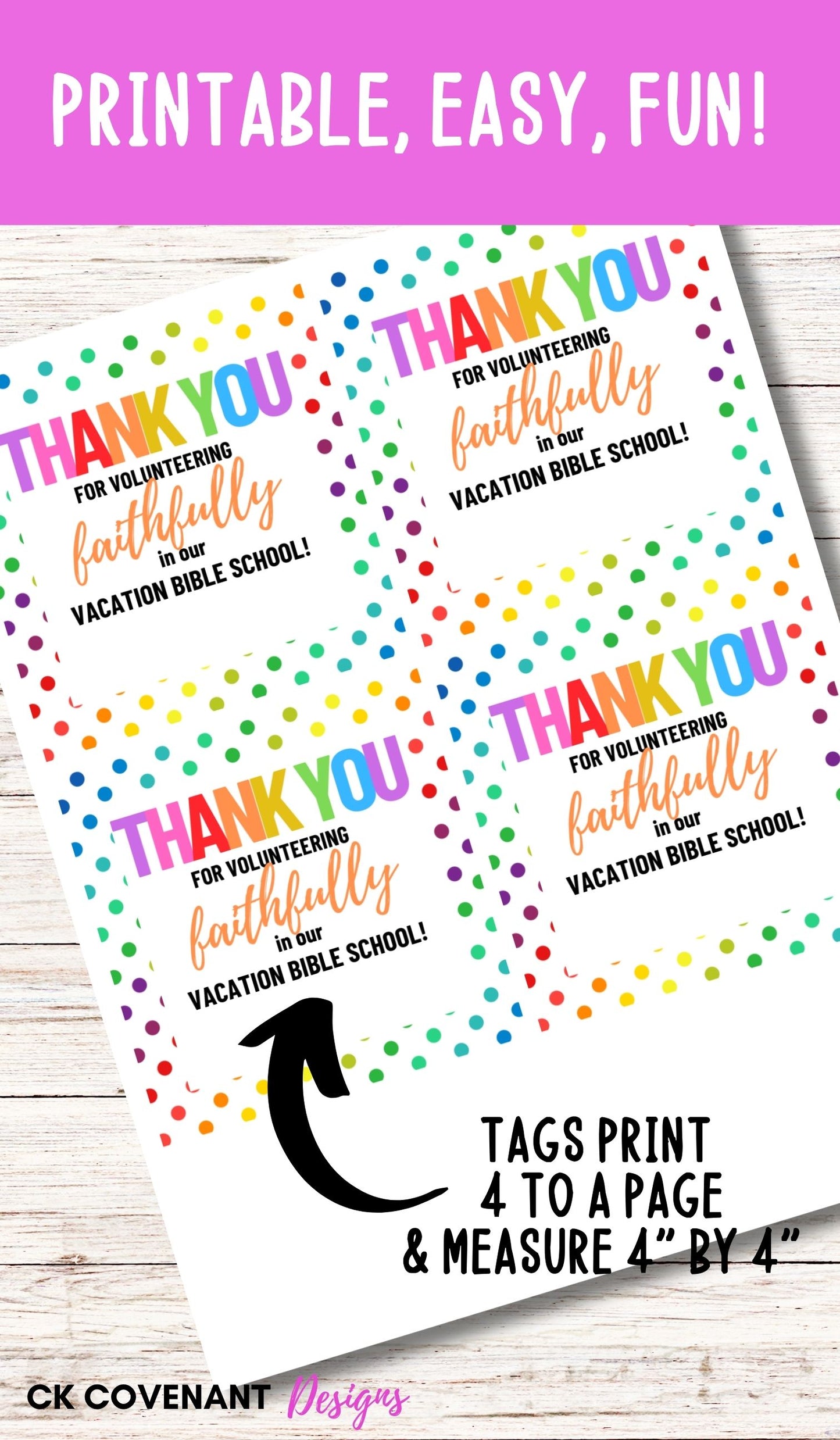 Vacation Bible School Volunteer Thank You Tags (Dots)