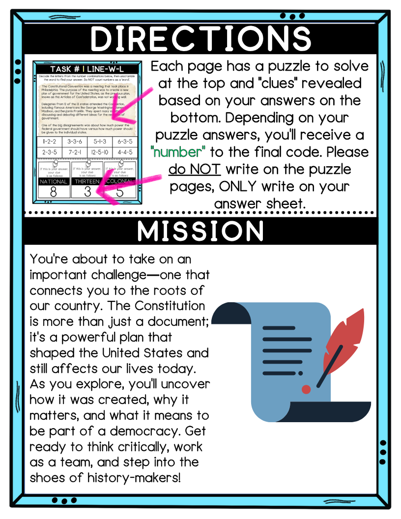 Constitution Escape Room, 9 Puzzles, 6th-9th Grades