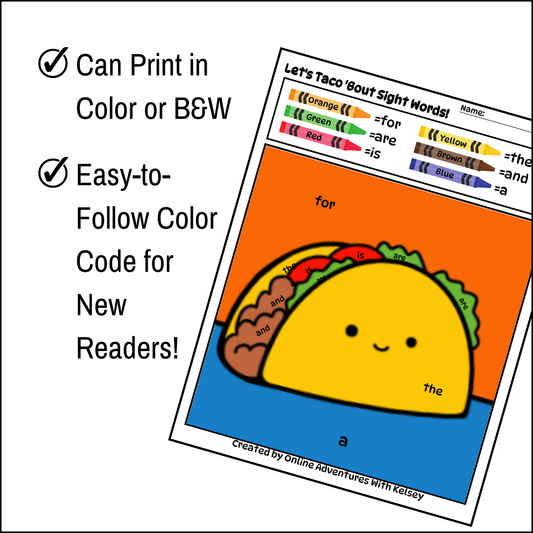 Let's Taco 'Bout Sight Words Color By Code, Taco Themed Party, K-2nd Grades