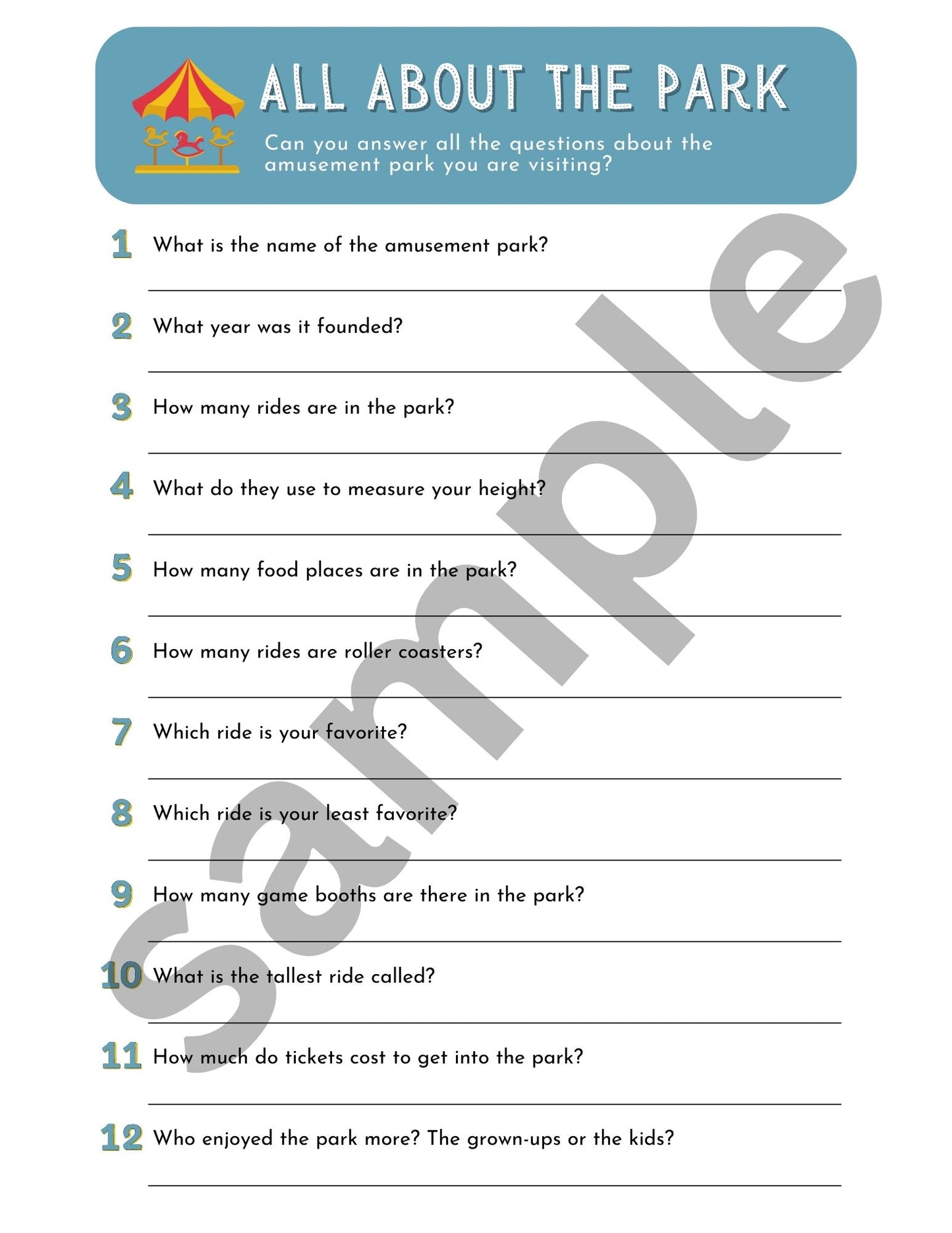 Amusement Park Activity Workbook For All Ages- PDF