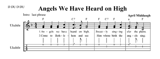 Angels We Have Heard on High 2 part SA vocal with lyrics, ukulele tabs and chords, optional piano or guitar