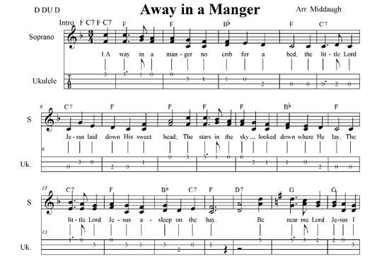 Away in a Manger 2 part vocal (SA) with lyrics, ukulele tabs and chords