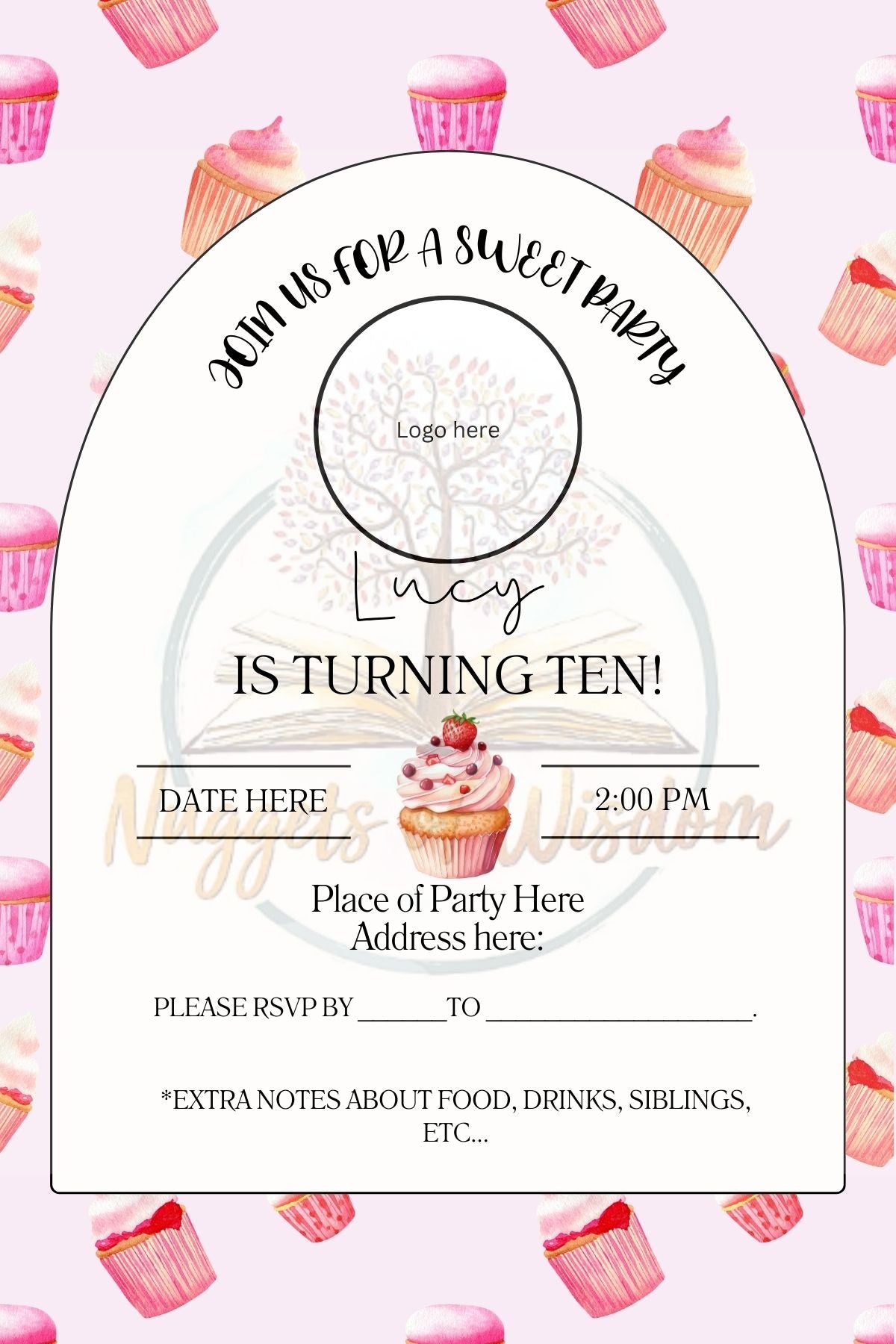 Birthday Invite Template Link: Customizable Watercolor Cupcake Themed