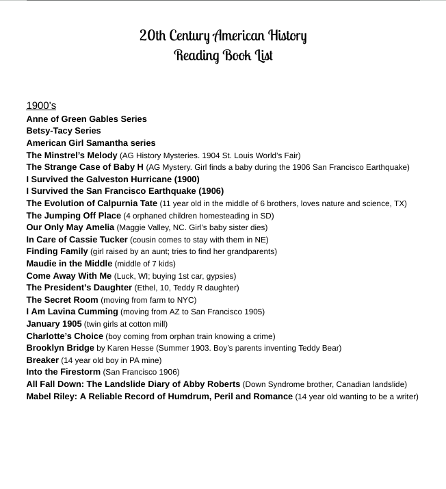 20th Century US History Book List. Over 200 chapter books, read aloud books!