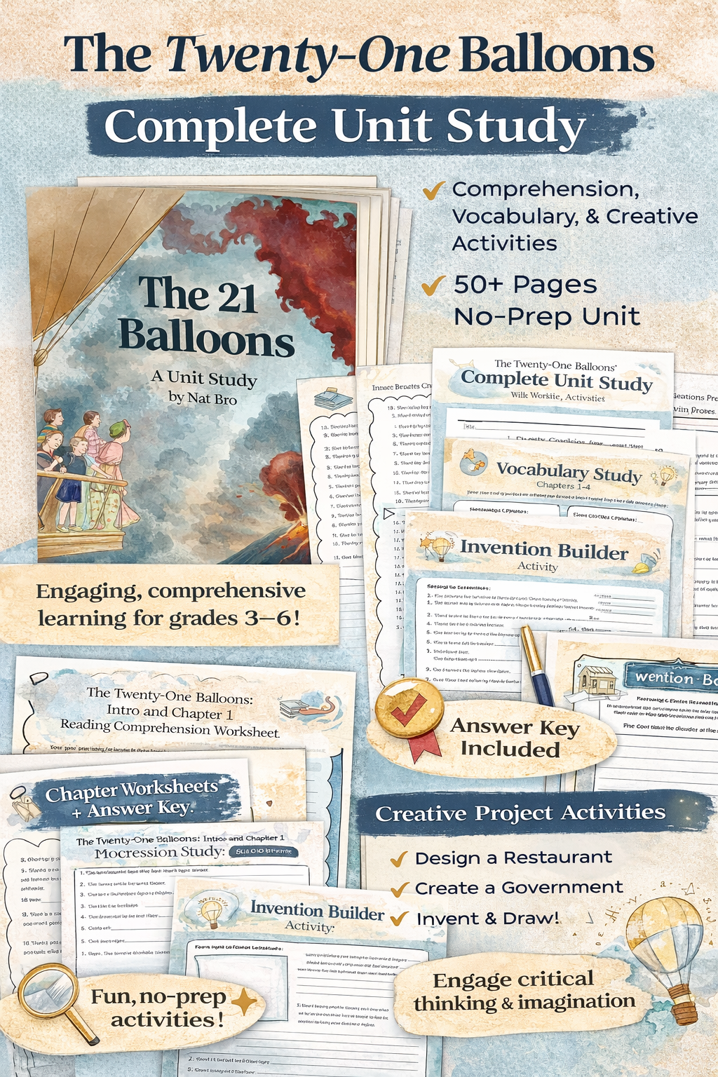 The Twenty-One Balloons Novel Study | Complete Unit Study | Worksheets, Activities, & Answer Key for 3rd to 6th Graders