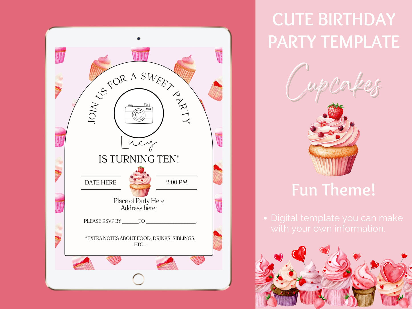 Birthday Invite Template Link: Customizable Watercolor Cupcake Themed