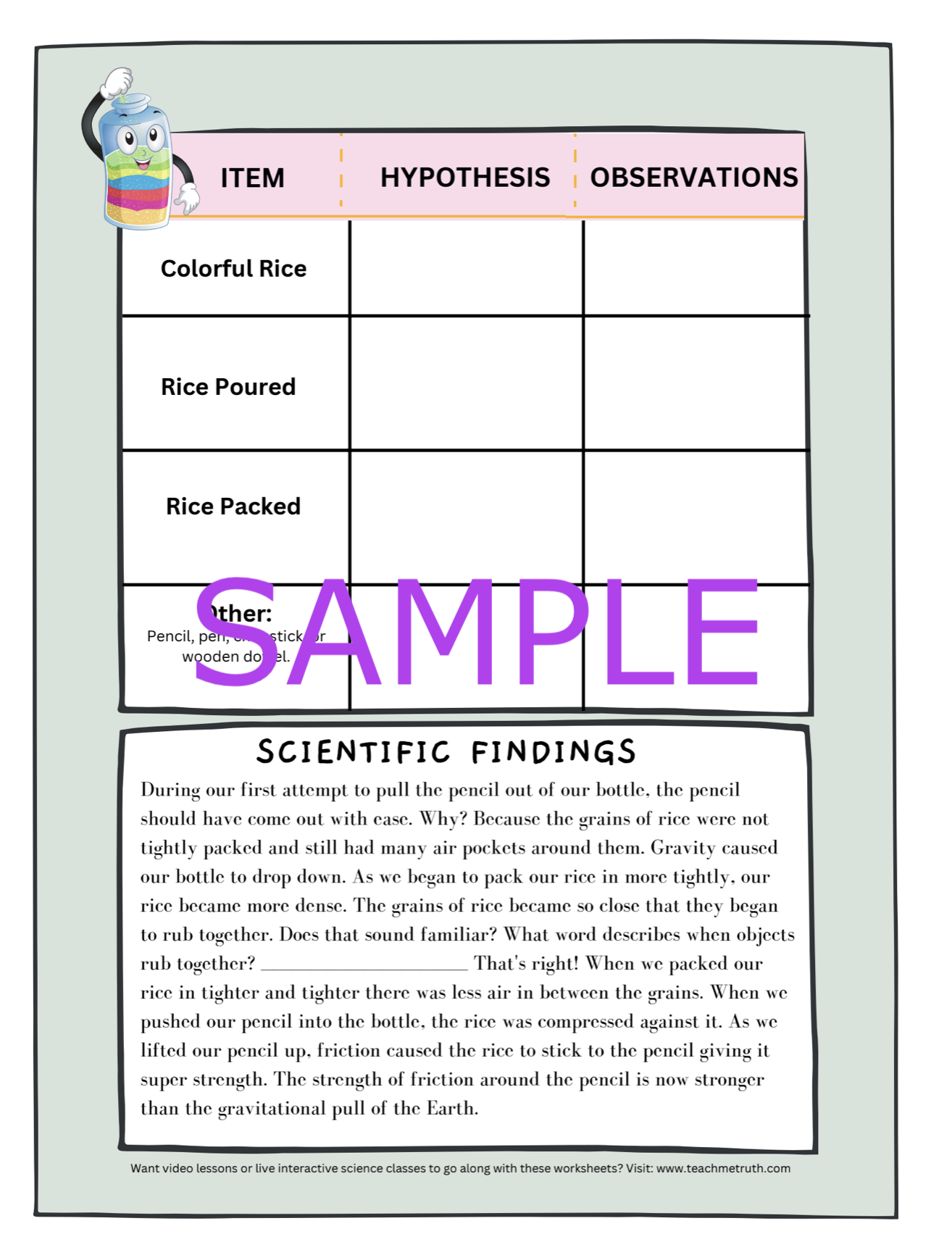 "Friction Rice" Hands-On Science Activity Journal With Instructions