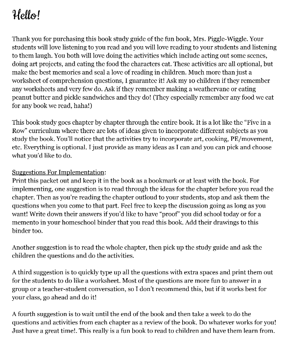 Hello, Mrs. Piggle-Wiggle Book Study Guide