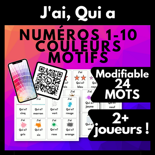 French Numbers 1-10, Colors, and Patterns Vocabulary Game 2+ Players