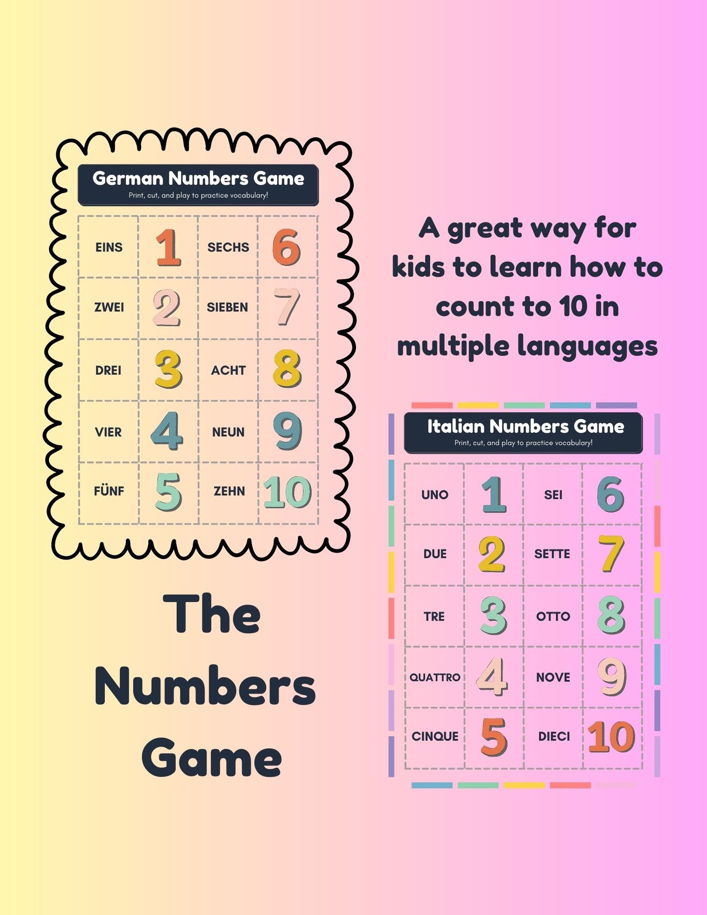 Numbers 1-10 Matching Game in Multiple Languages