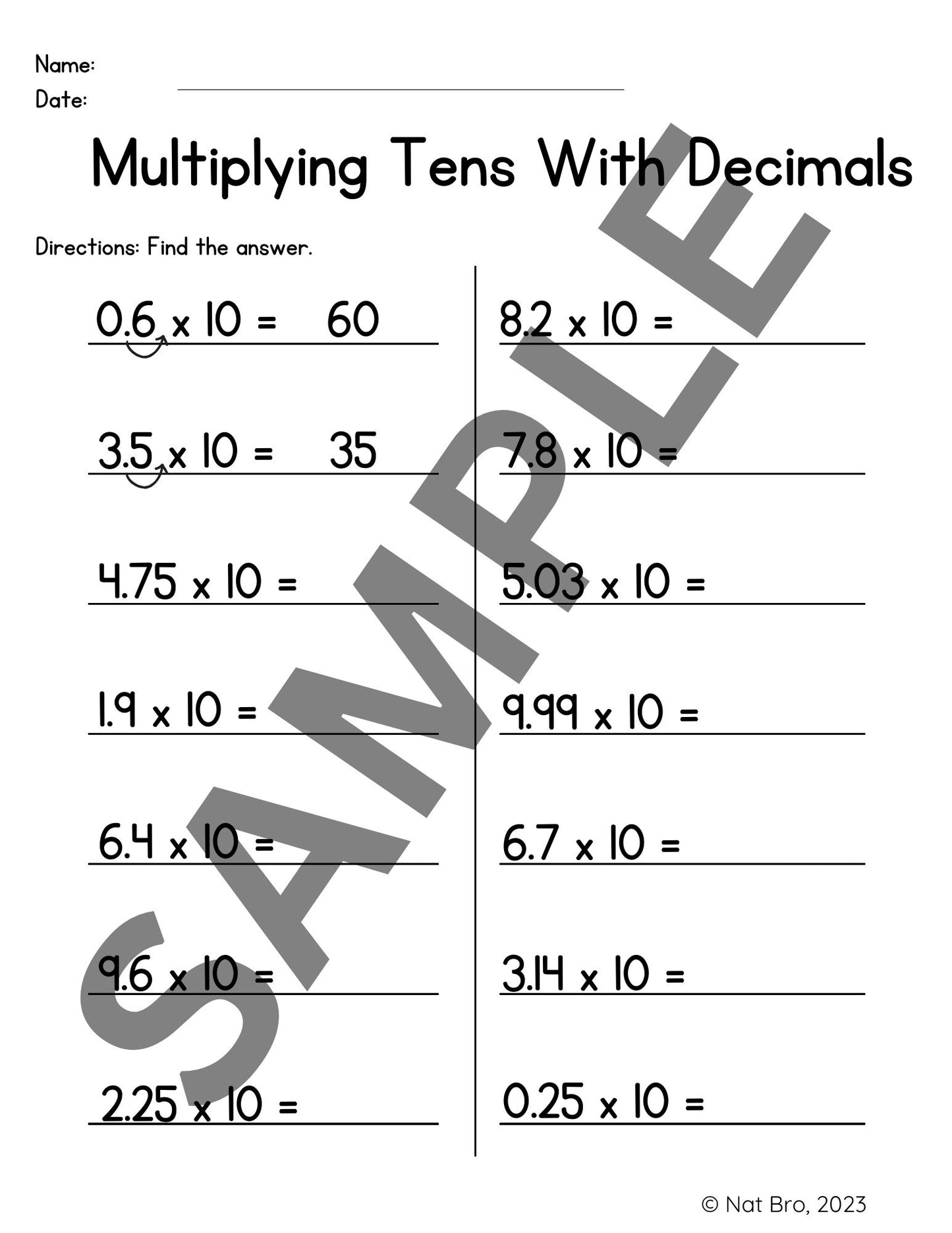 Multiplying By Tens: Whole Numbers and Decimals: 20 Pages