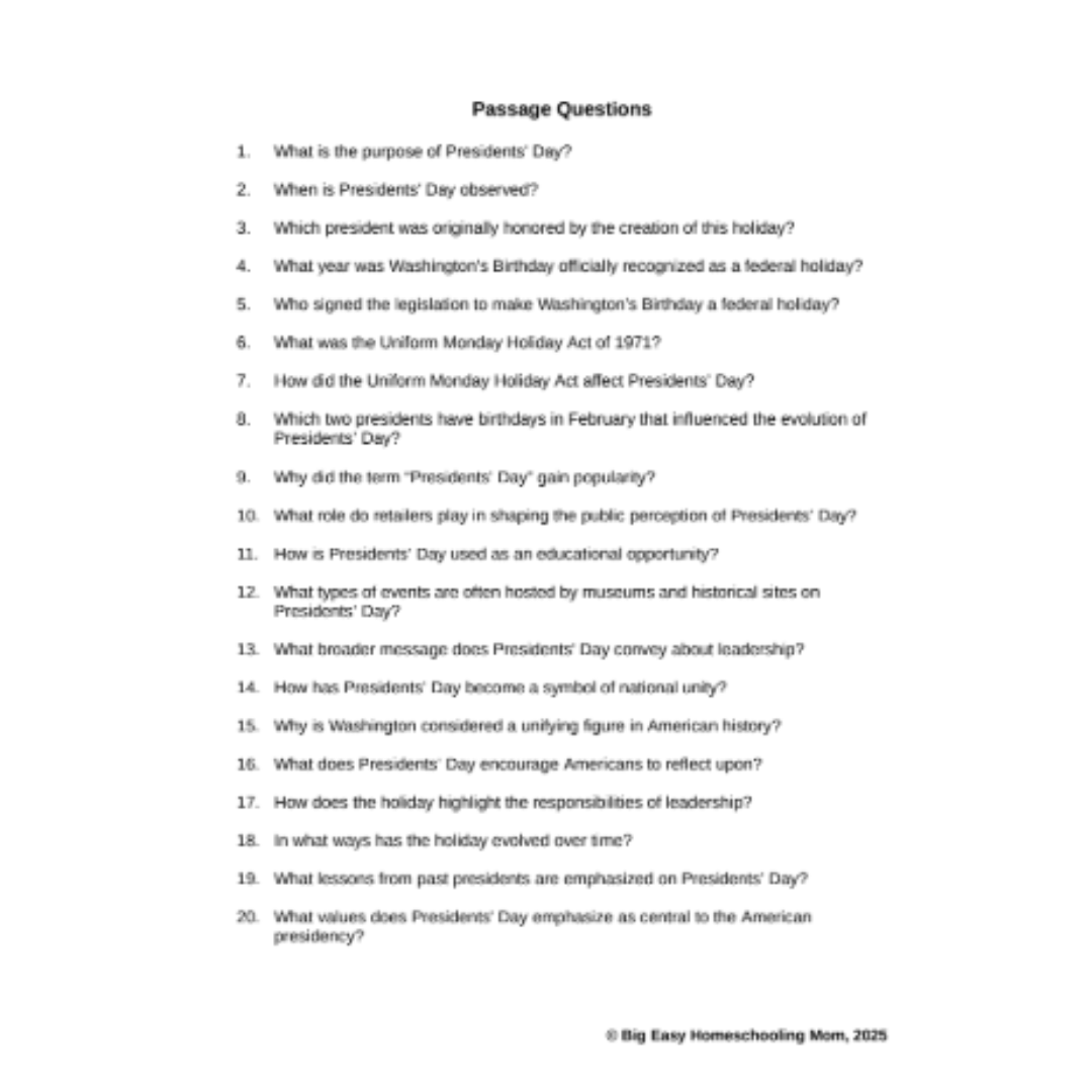 The History of Presidents' Day Reading Passage, Q & A, and Note-Taking Sheets