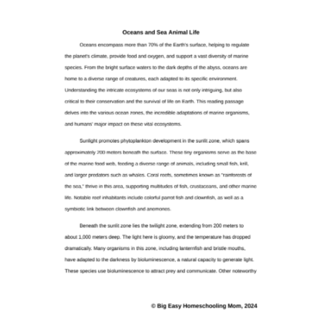 Ocean and Sea Animals Reading Passage, Q & A, and Note-Taking Sheets
