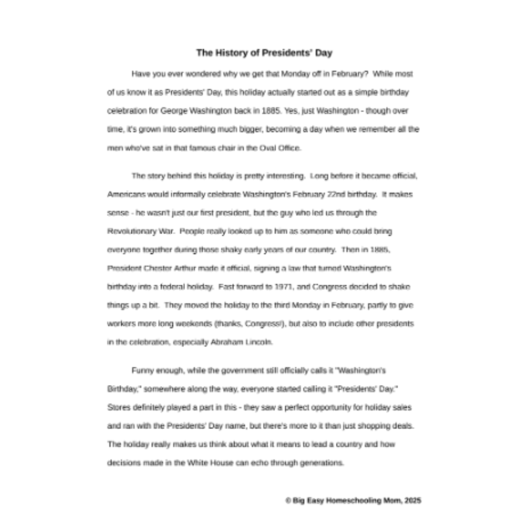 The History of Presidents' Day Reading Passage, Q & A, and Note-Taking Sheets