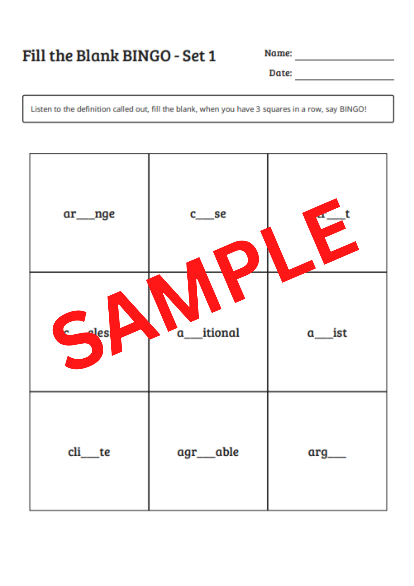 Third Grade 'Fill the blank' BINGO (set 1)