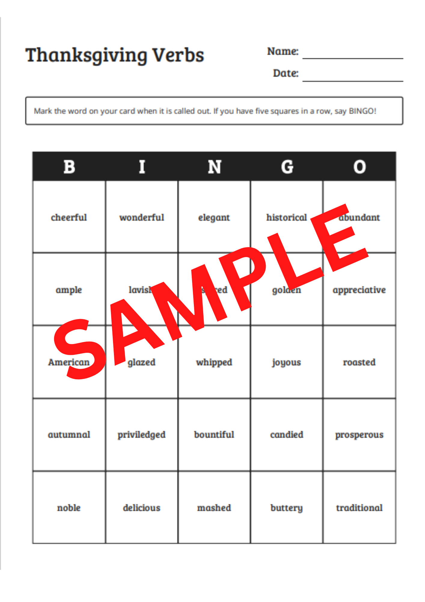 Thanksgiving Verbs : Vocabulary Bingo