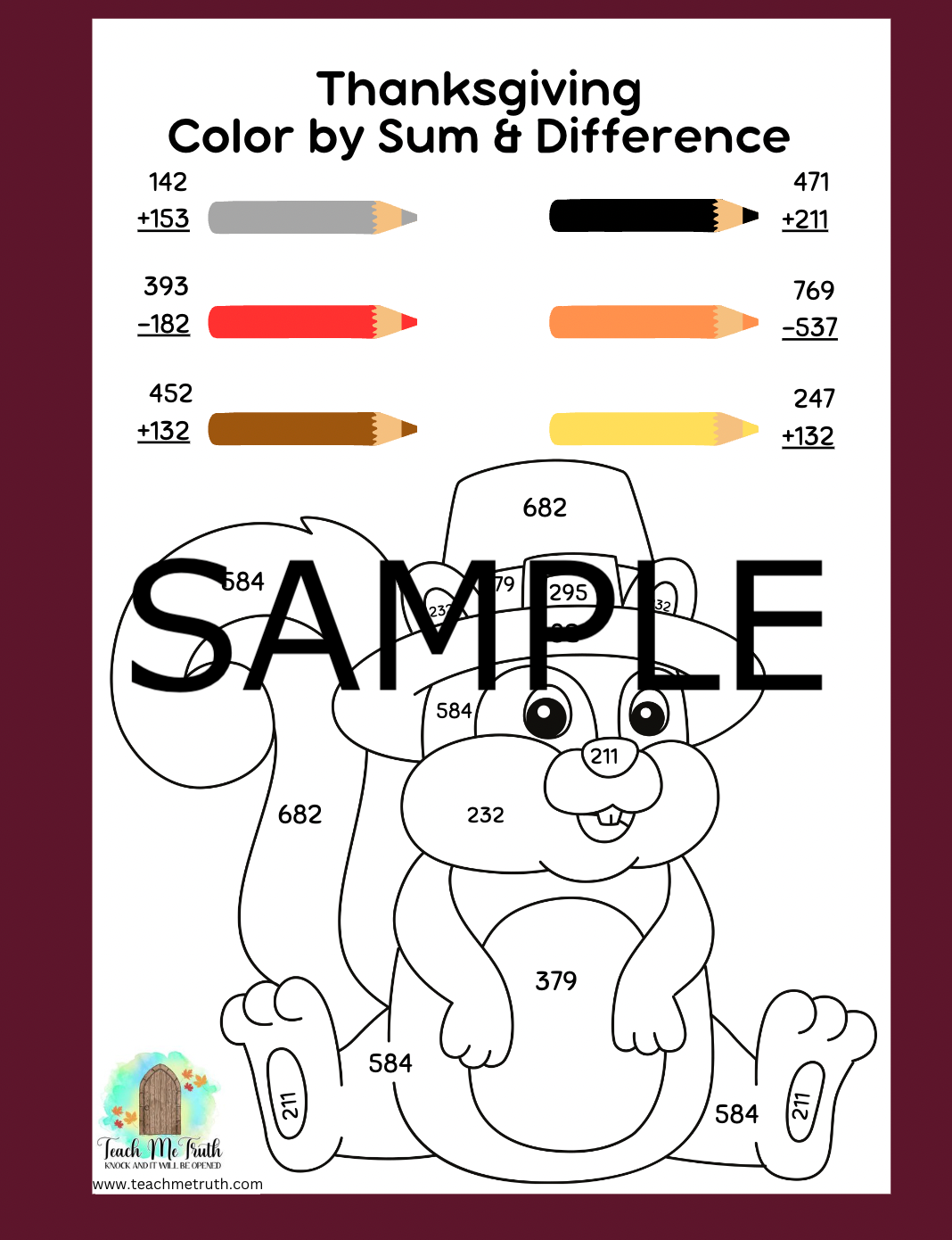 Thanksgiving Triple Digit Color by Sum & Difference