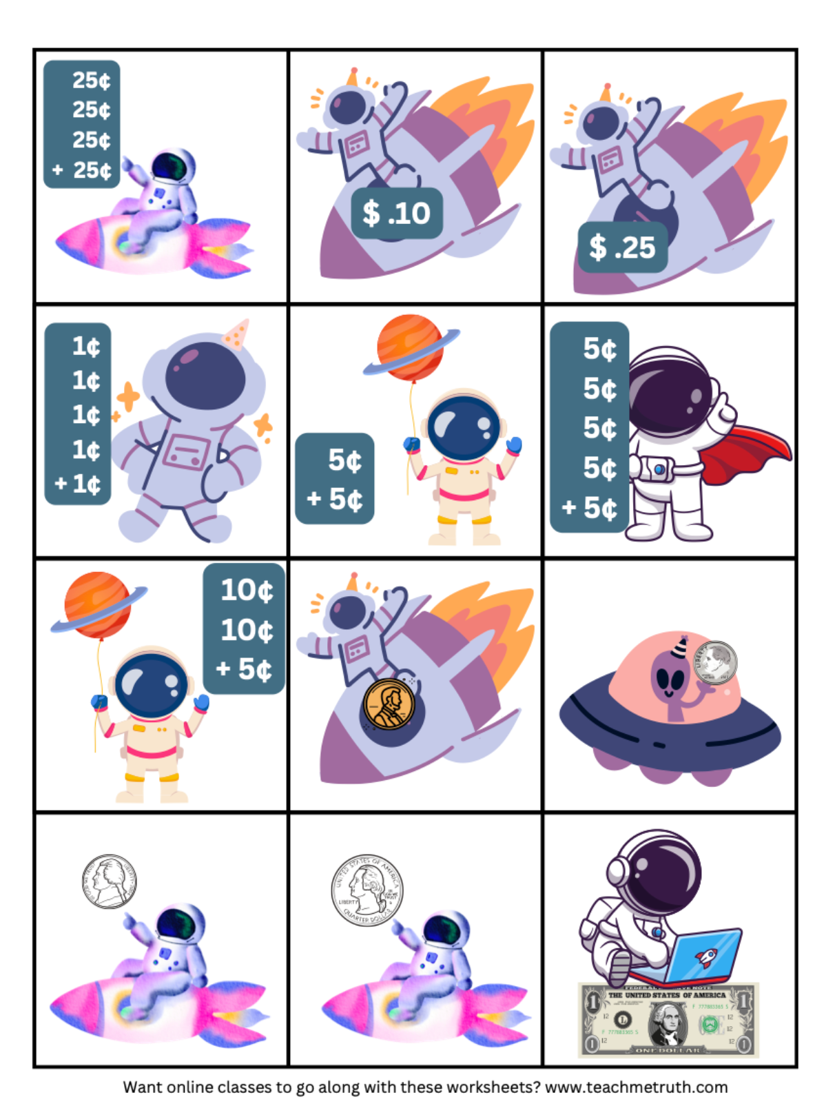 Outer Space Money Math Cut & Paste Activity Workbook