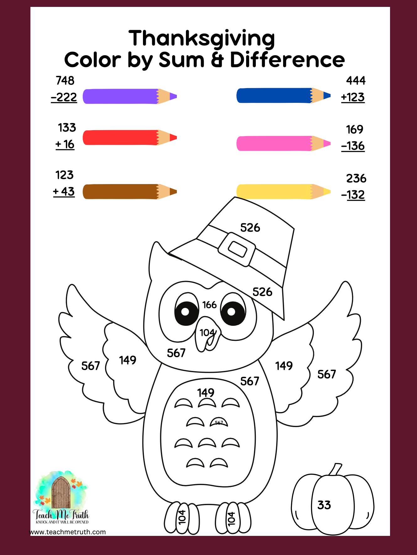 Thanksgiving Triple Digit Color by Sum & Difference