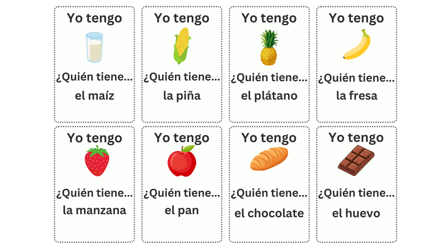 Spanish Food Vocabulary Game Comidas y Bebidas Juego de Vocabulario