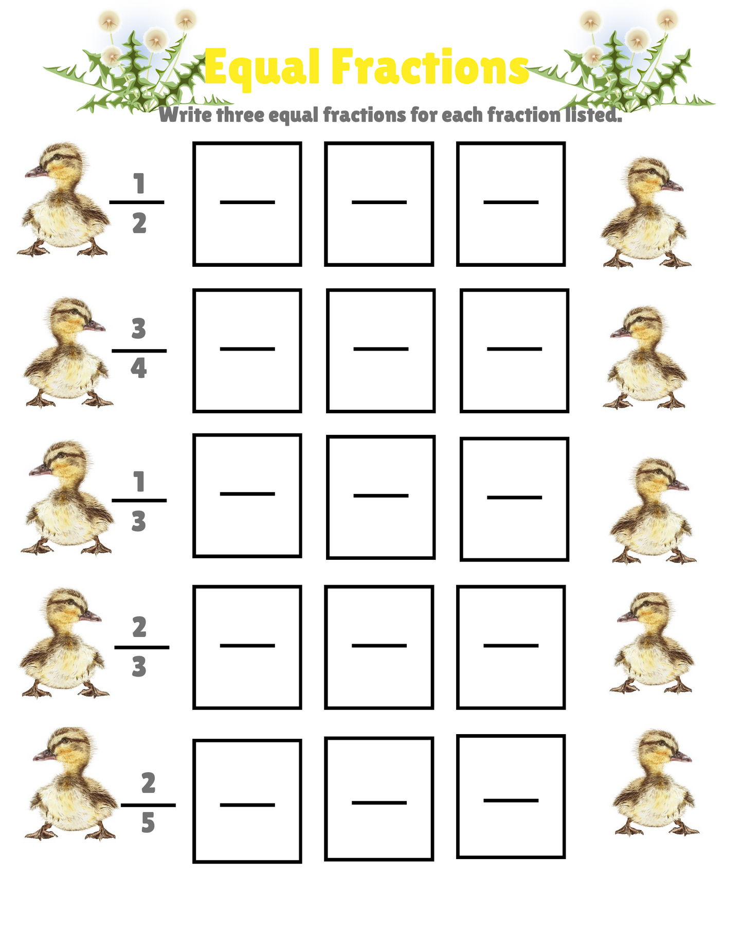 Spring Math Fraction Lessons with worksheets and a Spring Theme