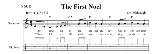The First Noel Sheet Music with Vocals, Lyrics, Ukulele Tabs and Chords