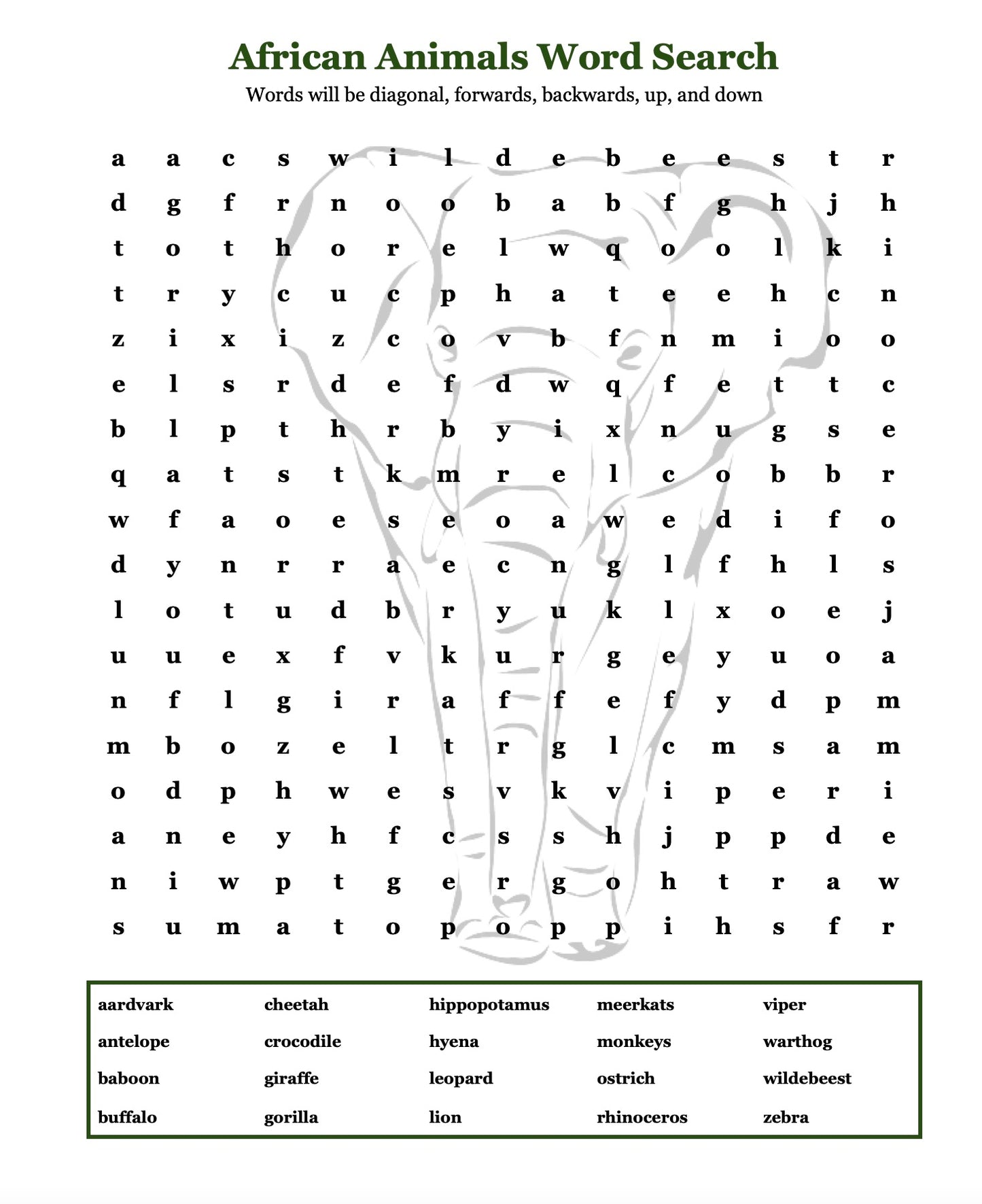 Animals Around the World Word Finds