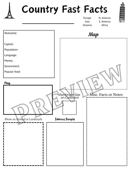 Geography Fact Worksheet | Fill in for any country or state