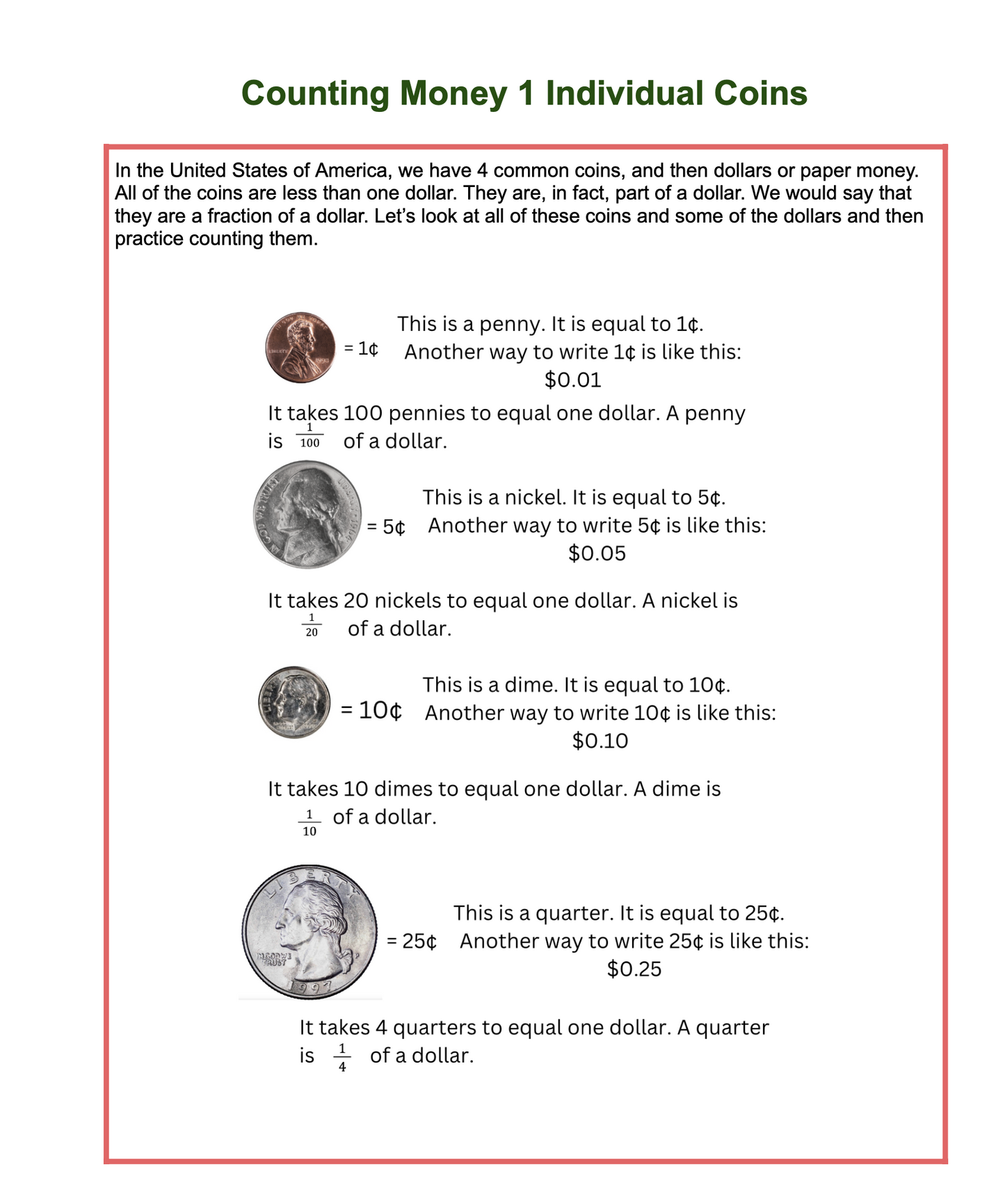Money of the United States of America, a math unit for kids