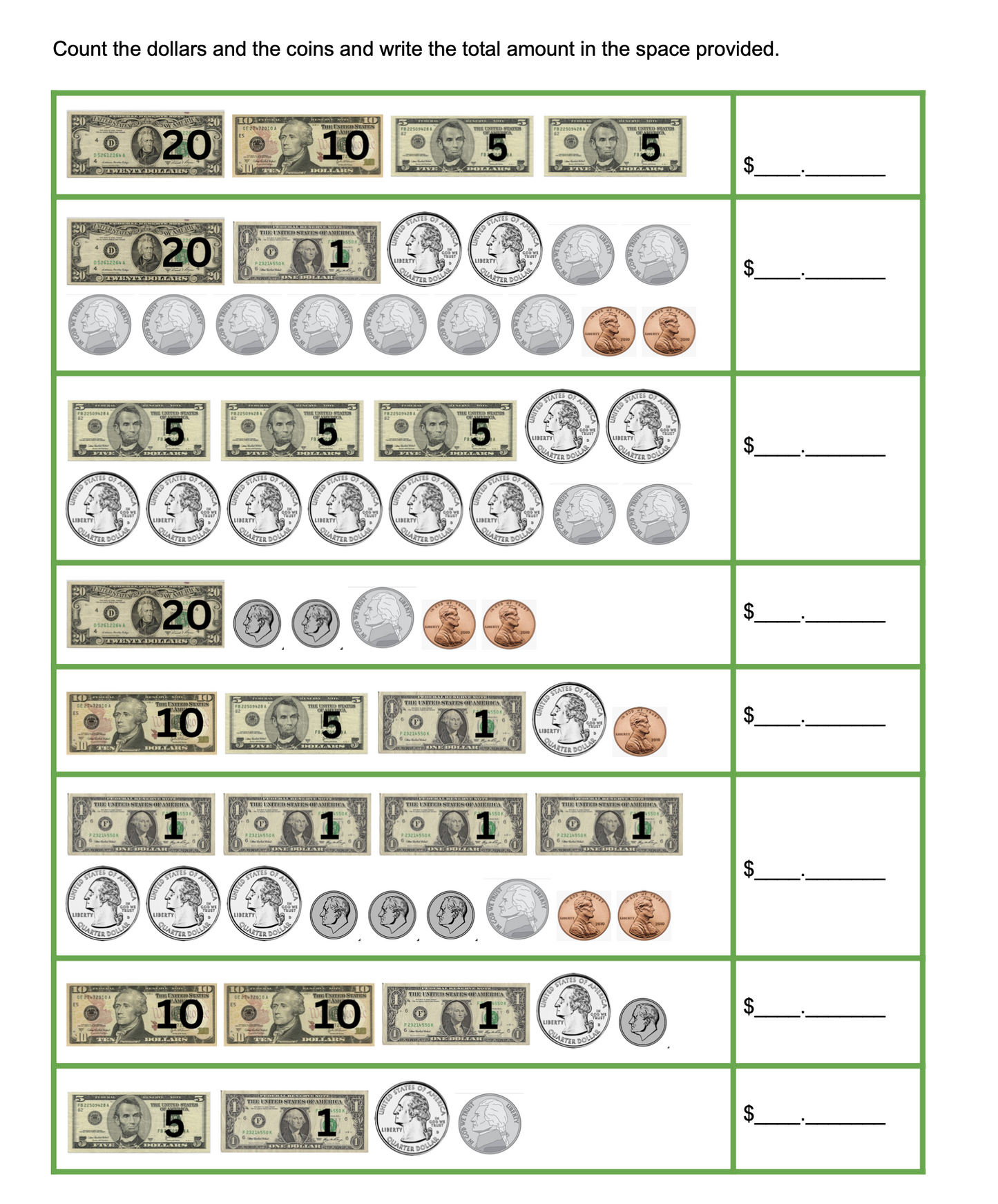 Money of the United States of America, a math unit for kids