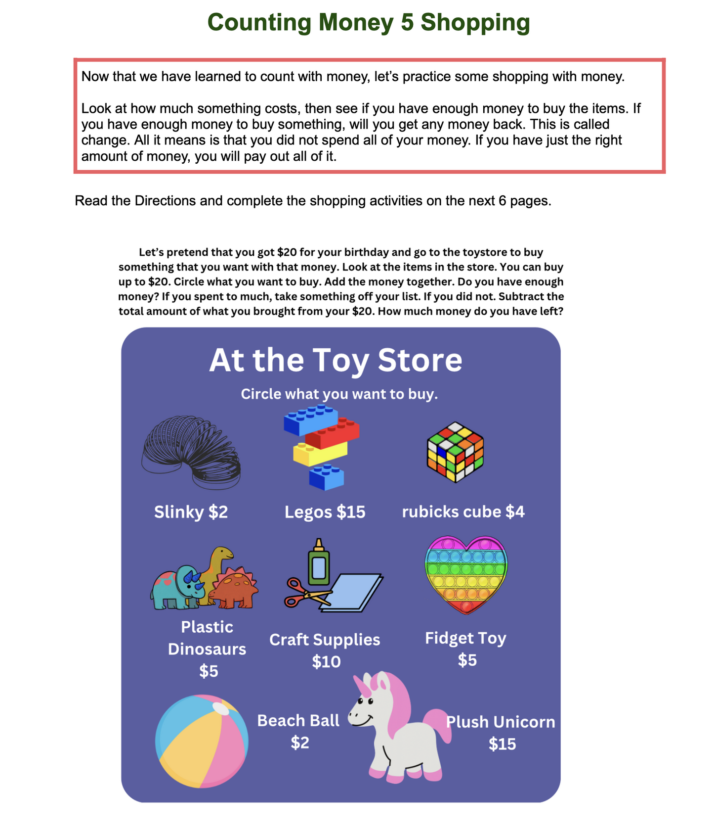 Money of the United States of America, a math unit for kids
