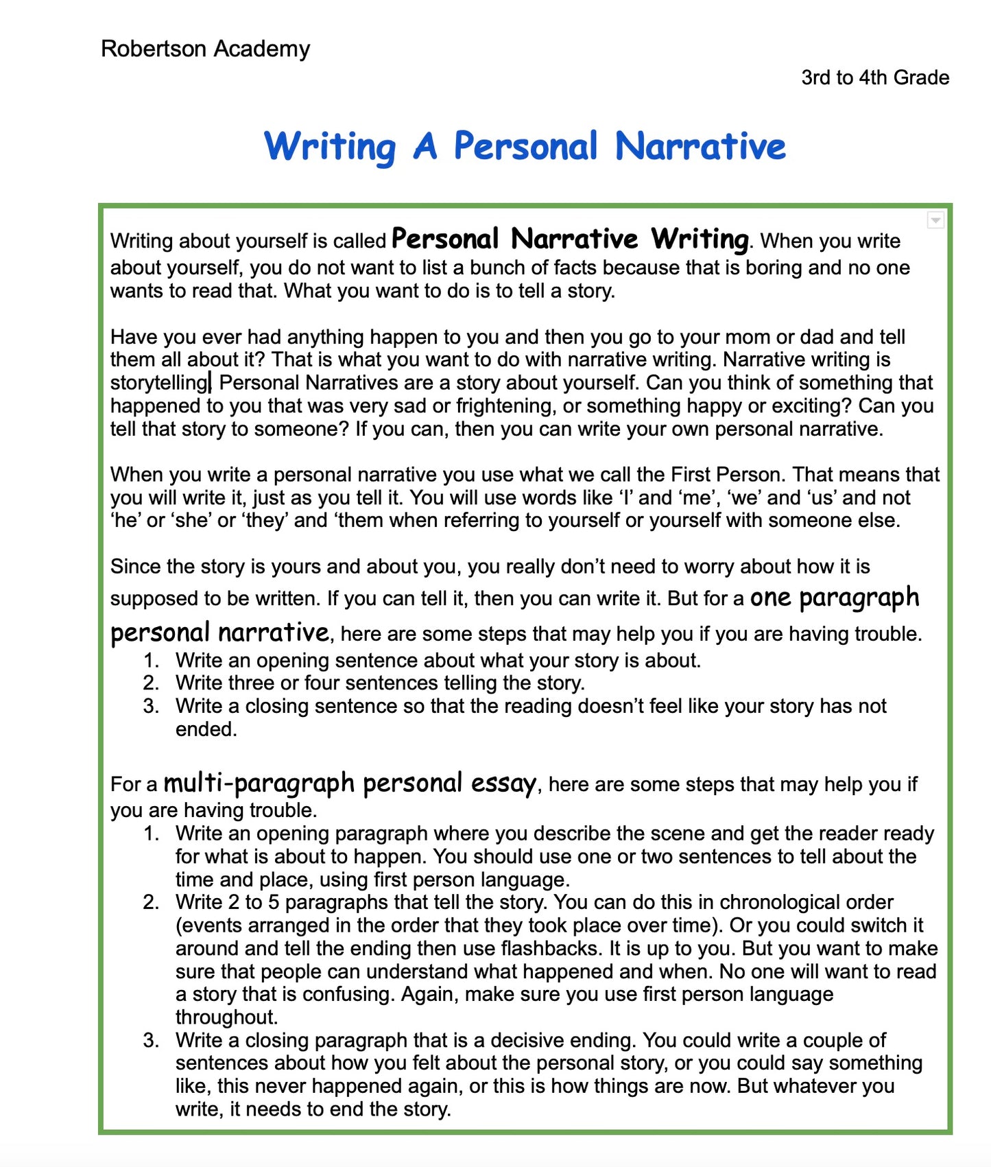 Personal Narrative Writing