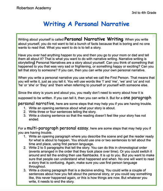 Personal Narrative Writing
