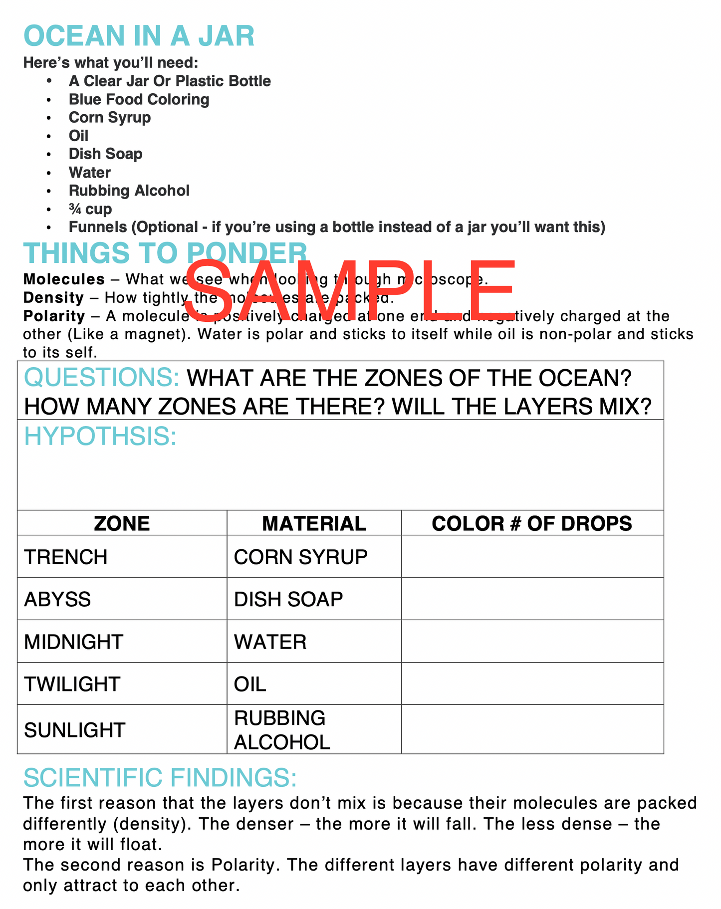 Layers of the Ocean Science Experiment Journal & Step-By-Step Instructions